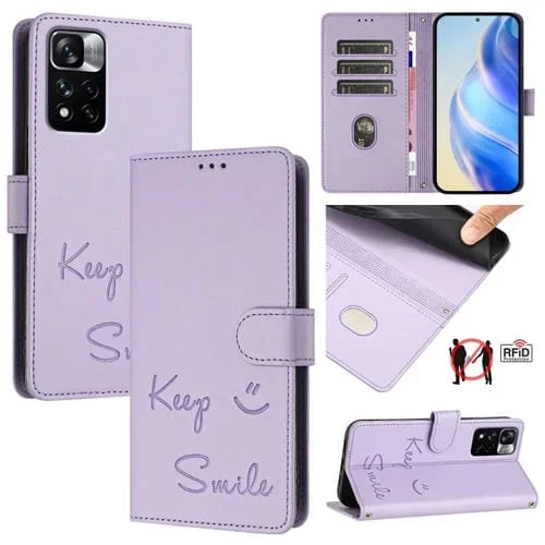Funda de Cuero Rfid con Relieve de Sonrisa para Redmi Note 11 Pro+ 5G Eu (Morado Claro)