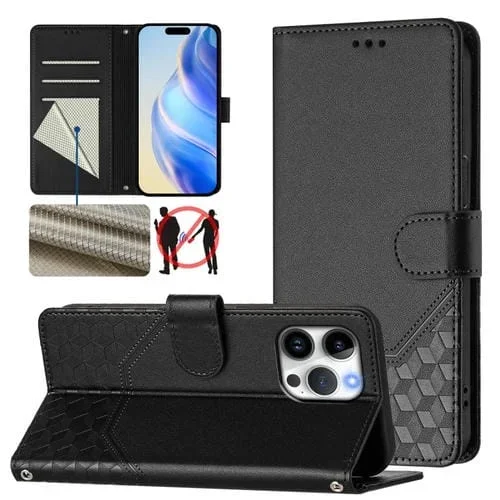 Funda de Cuero Rfid con Relieve en Panal para iPhone 16 Pro Max (Negra)