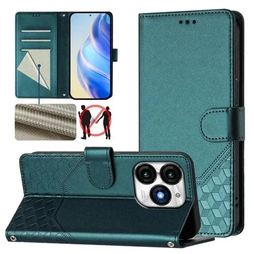 Funda de Cuero Rfid con Relieve en Panal para Teléfono Itel A70 (Verde Pavo Real)