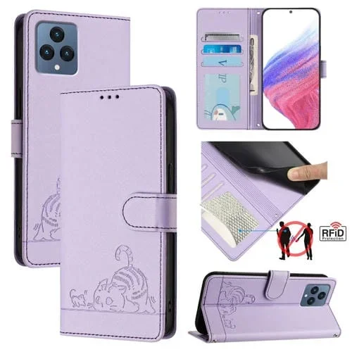 Funda de Cuero Rfid con Relieve Rata de Gato para Teléfono T-Mobile Revvl 6/6X 5G con Cordón (Morado)