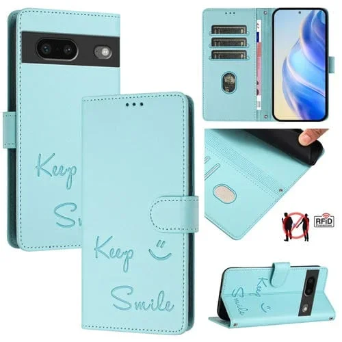 Funda de Cuero Rfid con Relieve Sonriente para Google Pixel 7 (Verde Menta)