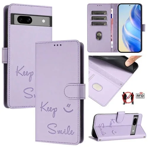 Funda de Cuero Rfid con Relieve Sonriente para Google Pixel 7A (Morado Claro)