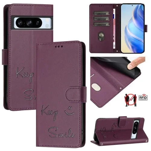 Funda de Cuero Rfid con Relieve Sonriente para Google Pixel 8 Pro (Violeta)