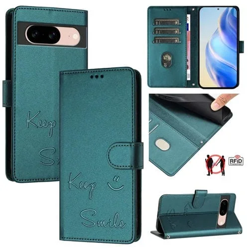 Funda de Cuero Rfid con Relieve Sonriente para Google Pixel 8A (Verde Pavo Real)