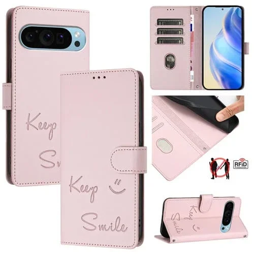 Funda de Cuero Rfid con Relieve Sonriente para Google Pixel 9 Pro Xl (Rosa)