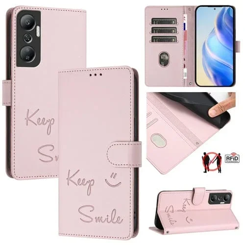 Funda de Cuero RFID con Relieve Sonriente para Infinix Hot 20 4G X6826 (Rosa)