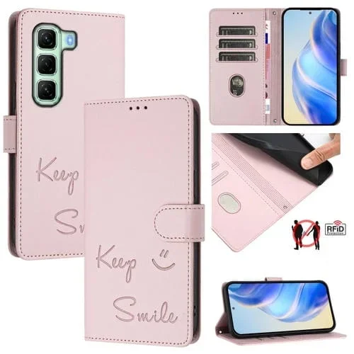 Funda de Cuero Rfid con Relieve Sonriente para Infinix Hot 50 5G (Rosa)