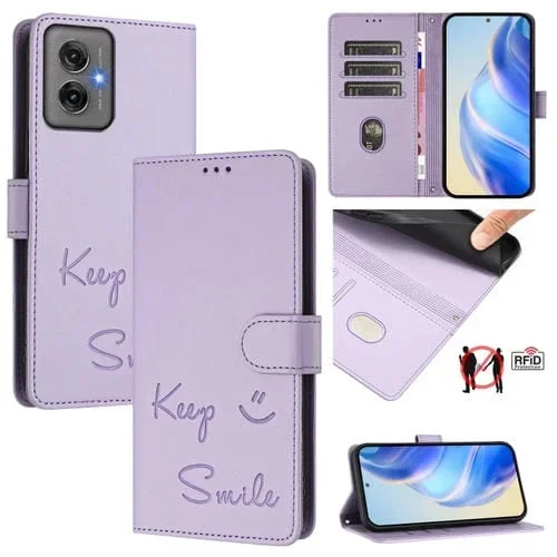 Funda de Cuero Rfid con Relieve Sonriente para Motorola Moto G55 (Morado Claro)