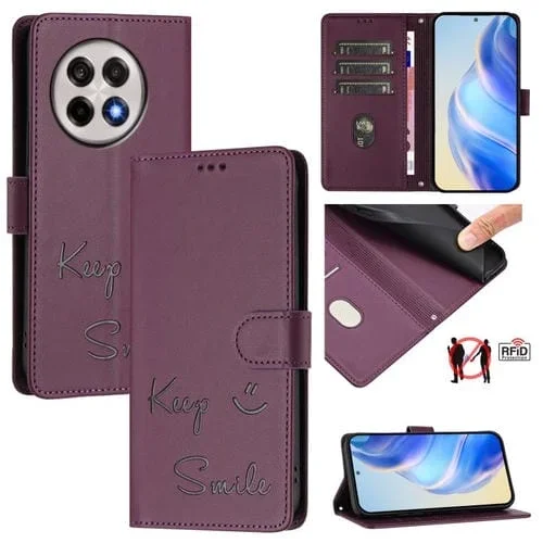 Funda de Cuero Rfid con Relieve Sonriente para OnePlus 13R Ace 5 Pro 5G (Violeta)