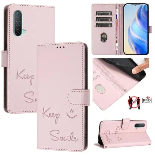 Funda de Cuero Rfid con Relieve Sonriente para OnePlus Nord Ce 5G (Rosa)