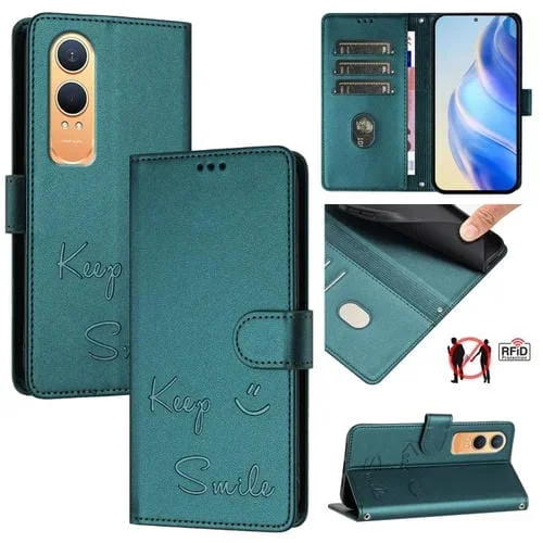 Funda de Cuero Rfid con Relieve Sonriente para OnePlus Nord Ce4 Lite (Verde Pavo Real)