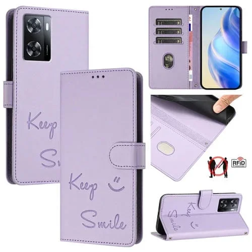 Funda de Cuero Rfid con Relieve Sonriente para Oppo A77 4G/A77S 4G (Morado Claro)