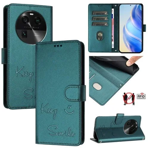 Funda de Cuero Rfid con Relieve Sonriente para Oppo Find X6 Pro (Verde Pavo Real)