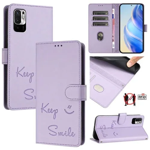 Funda de Cuero Rfid con Relieve Sonriente para Redmi Note 10 5G/Note 10T 5G (Morado Claro)