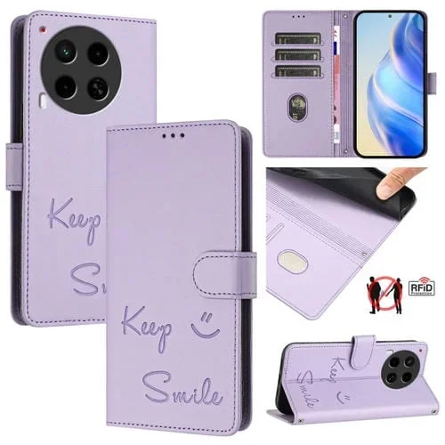 Funda de Cuero Rfid con Relieve Sonriente para Tecno Camon 30 5G/4G (Morado Claro)