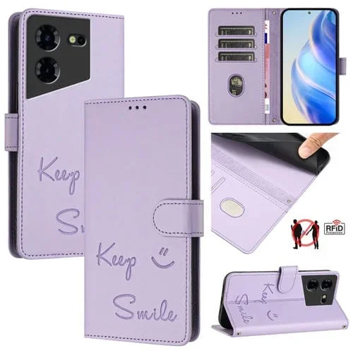 Funda de Cuero Rfid con Relieve Sonriente para Tecno Pova 5 Pro 5G (Morado Claro)
