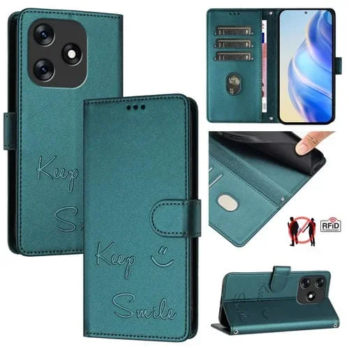 Funda de Cuero Rfid con Relieve Sonriente para Tecno Spark 10 4G (Verde Pavo Real)