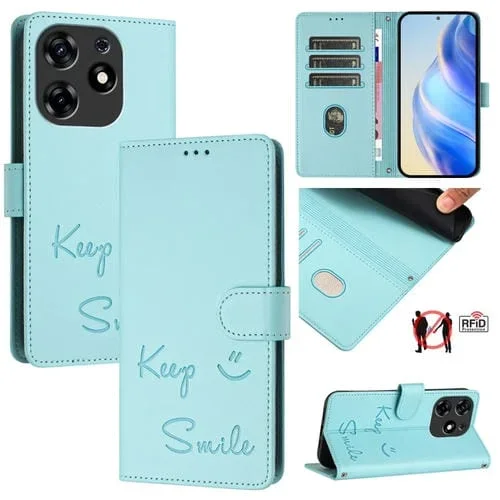 Funda de Cuero Rfid con Relieve Sonriente para Tecno Spark 10 Pro (Verde Menta)