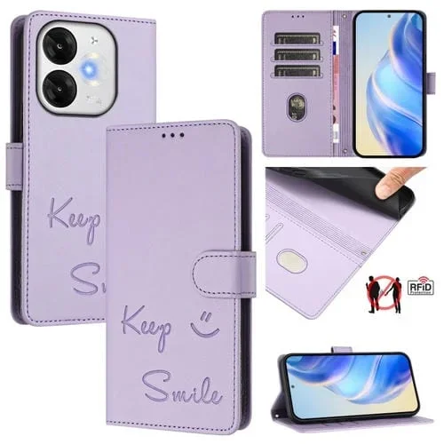 Funda de Cuero Rfid con Relieve Sonriente para Teléfono Itel A80 4G (Morado Claro)