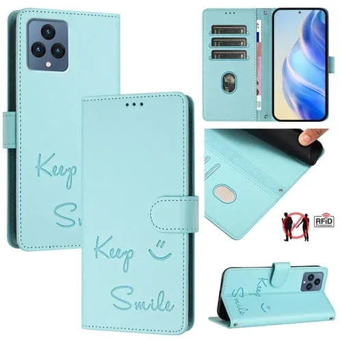 Funda de Cuero Rfid con Relieve Sonriente para Teléfono T-Mobile Revvl 6/6X 5G (Verde Menta)