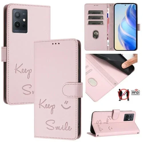 Funda de Cuero Rfid con Relieve Sonriente para Vivo Iqoo U5E 5G/Y30 5G (Rosa)