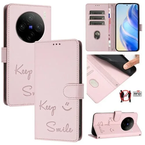 Funda de Cuero Rfid con Relieve Sonriente para Vivo X100 (Rosa)