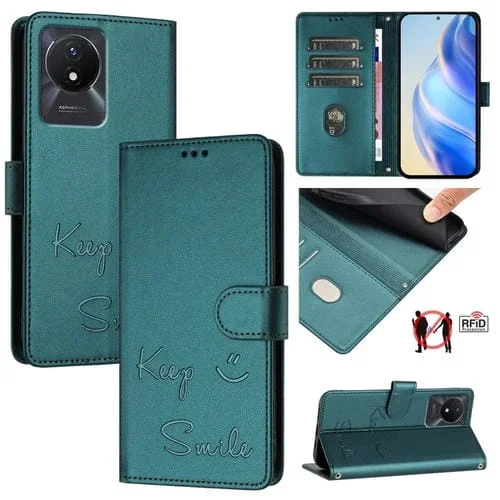 Funda de Cuero Rfid con Relieve Sonriente para Vivo Y11 2023/Y02T (Verde Pavo Real)
