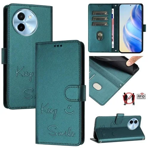 Funda de Cuero Rfid con Relieve Sonriente para Vivo Y38 5G (Verde Pavo Real)