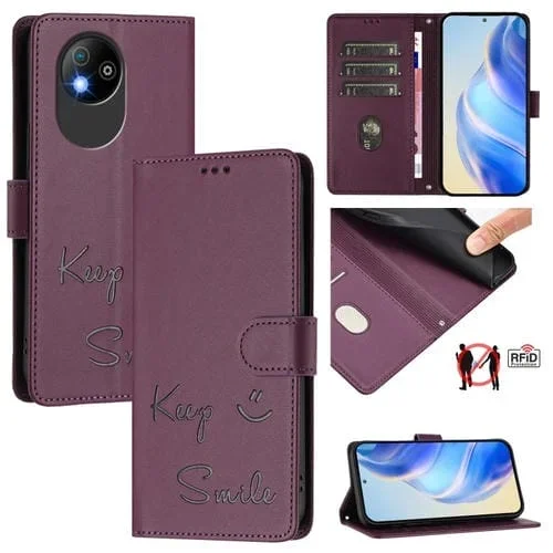 Funda de Cuero Rfid con Relieve Sonriente para ZTE Blade A35 Lite (Violeta)