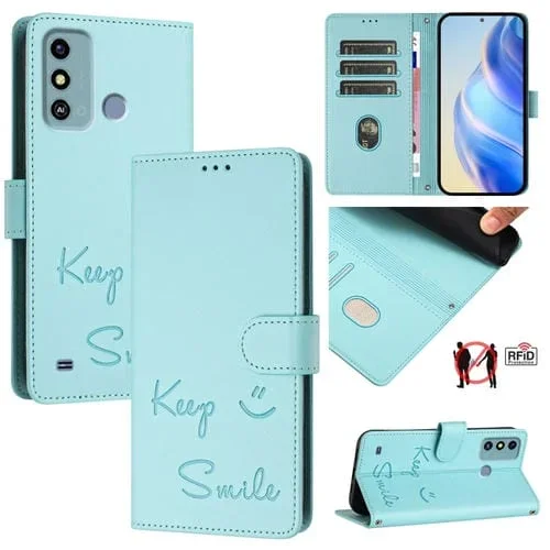 Funda de Cuero Rfid con Relieve Sonriente para ZTE Blade A53 y A53+ (Verde Menta)