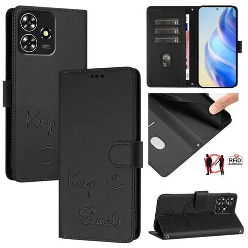 Funda de Cuero Rfid con Relieve Sonriente para ZTE Blade A73 4G (Negra)