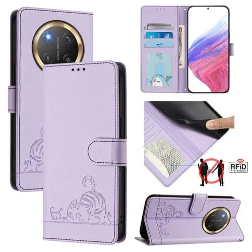 Funda de Cuero Rfid Honor X9C 5G Global con Estampado de Rata y Gato en Relieve y Cordón (Morado)