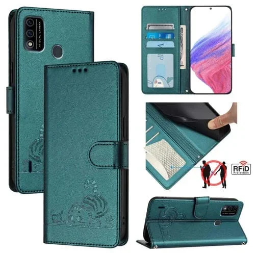 Funda de Cuero Rfid Itel A48 con Estampado de Rata y Gato y Cordón (Verde Pavo Real)