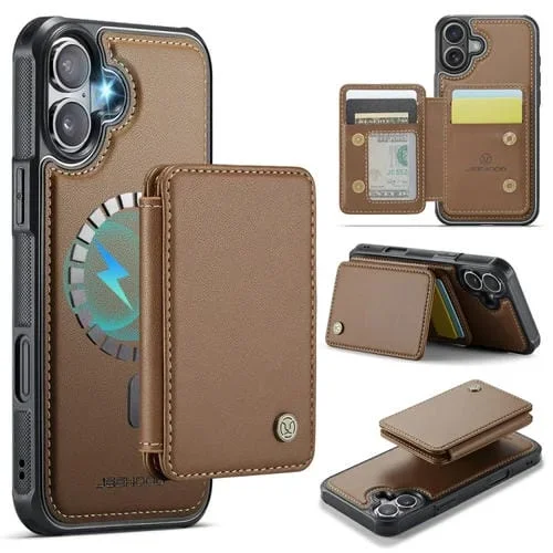 Funda de Cuero RFID Magnética Jeehood J05 para iPhone 16 Plus (Marrón)