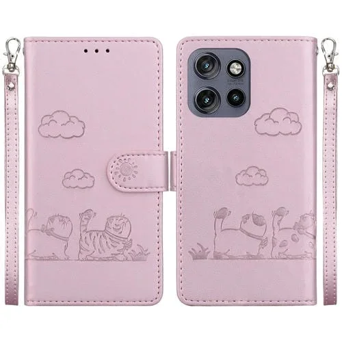 Funda de Cuero Rfid Motorola Edge 50 Neo 5G con Diseño de Gatos (Oro Rosa)