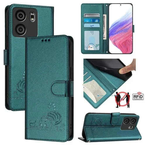 Funda de Cuero RFID para Blu View 5 con Relieve de Rata y Gato y Cordón (Verde Pavo Real)