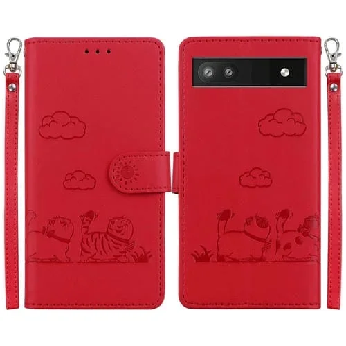 Funda de Cuero Rfid para Google Pixel 6A con Diseño de Gatos (Rojo)
