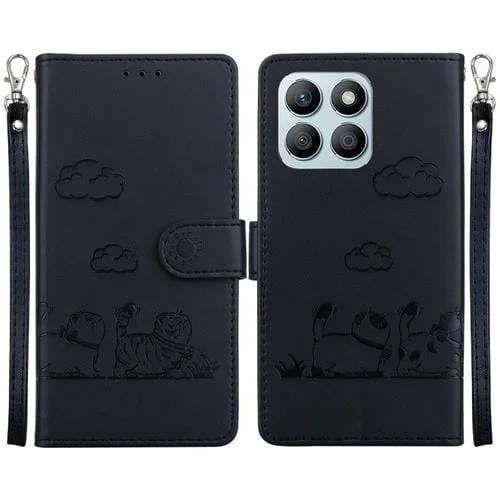 Funda de Cuero Rfid para Honor X8B con Diseño de Gatos (Negra)