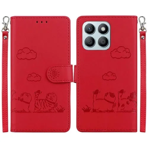 Funda de Cuero Rfid para Honor X8B con Diseño de Gatos (Roja)