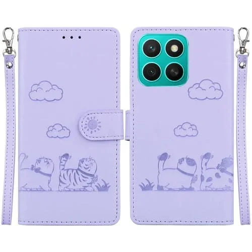 Funda de Cuero Rfid para Honor X8C 4G con Diseño de Gatos (Morada)