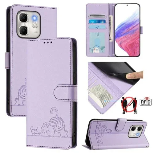 Funda de Cuero Rfid para Infinix Hot 50I 5G y Smart 9 4G con Estampado de Rata y Gato en Relieve y Cordón (Morado)