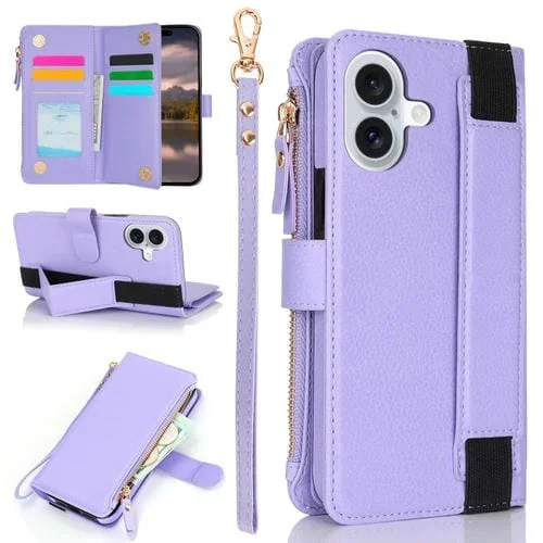 Funda de Cuero Rfid para iPhone 16 Plus con Cierre de Cremallera y Correa para la Muñeca (Morado)