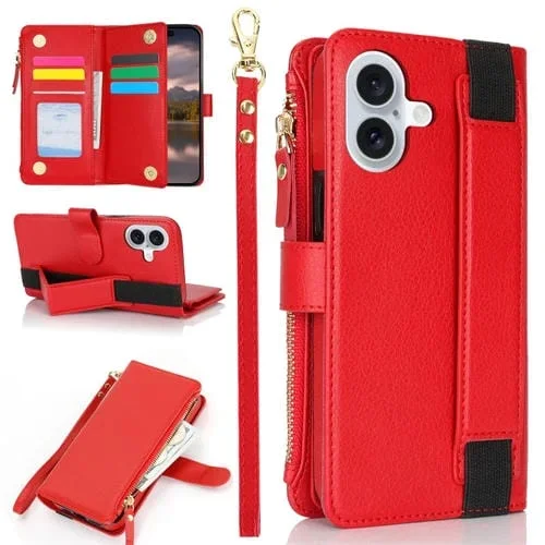 Funda de Cuero Rfid para iPhone 16 Plus con Cierre de Cremallera y Correa para la Muñeca (Rojo)