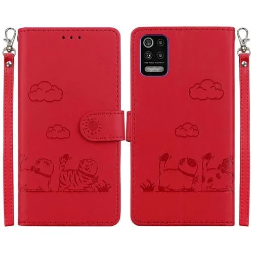 Funda de Cuero Rfid para LG K52/K62/Q52 con Diseño de Gatos (Roja)
