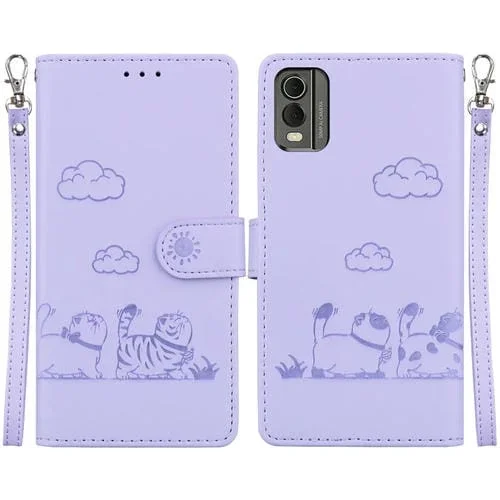 Funda de Cuero Rfid para Nokia C32 con Diseño de Gatos (Morado)