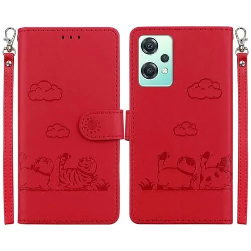 Funda de Cuero Rfid para OnePlus Nord Ce 2 Lite 5G con Diseño de Gatos (Rojo)