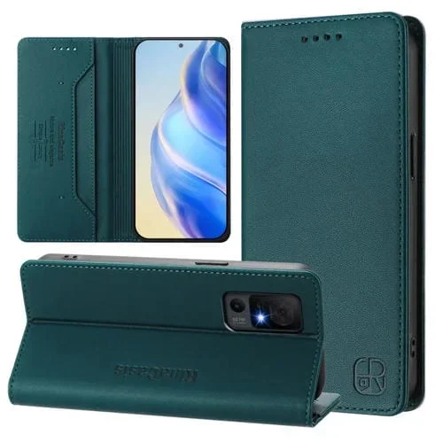 Funda de Cuero RFID para TCL 40 XL/40T/T608DL RC01 con Doble Pliegue y Succión Magnética (Verde Oscuro)