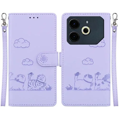 Funda de Cuero Rfid para Tecno Pova 6 Neo con Diseño de Gatos (Morado)