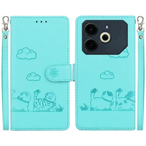 Funda de Cuero Rfid para Tecno Pova 6 Neo con Diseño de Gatos (Verde)