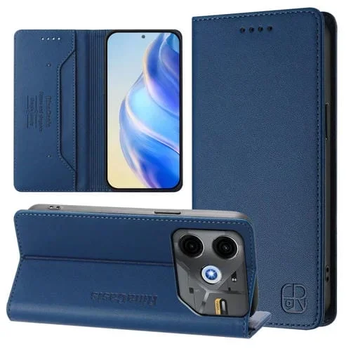 Funda de Cuero Rfid para Tecno Pova 6 Neo Rc01 con Doble Pliegue y Succión Magnética (Azul Oscuro)